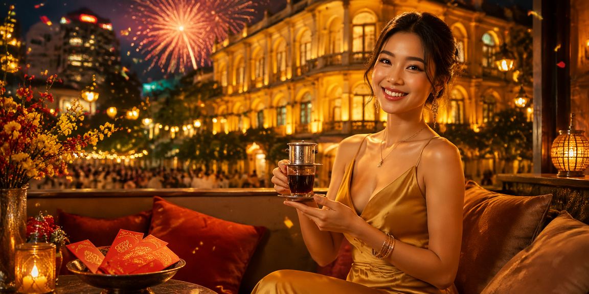 Người dùng Hà Nội nhận phong bì đỏ thưởng và bonus trong quán cà phê với điện thoại trên tay