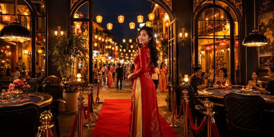 Người mặc áo dài truyền thống tham gia trò chơi bài tại Hội An về đêm